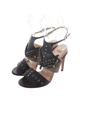 Fendi Rocker Bug Sandals Shoes Black Pink Beige Studded Stiletto Heels High 36